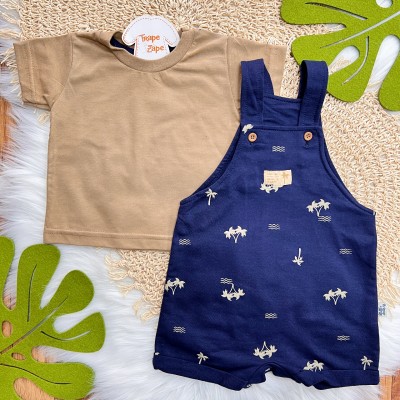 Conj. Camiseta Manga Curta e Jardineira Coqueiros - Marinho e Caju